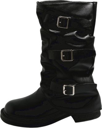 Generic Stylish Womens Mid Calf Boots with Belt Buckle and Chunky Sole Perfect for Casual Wear and Fall Winter Season Round Toe Design for Comfortable All Day