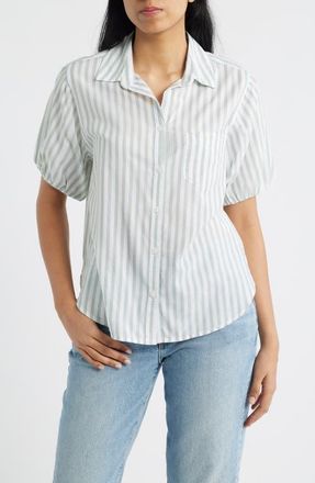 Beach Lunch Lounge Corey Stripe Short Sleeve Cotton Blend Button-Up Shirt in Mossy Green at Nordstrom, Size Small