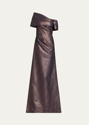 Teri Jon Off-Shoulder Metallic Jacquard Gown