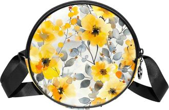 Generic Circle Crossbody Bag for Women, Floral Leaves Small Sling Bag Daypack with Zipper Adjustable Shoulder Straps Casual Ladies Girls Round Purse