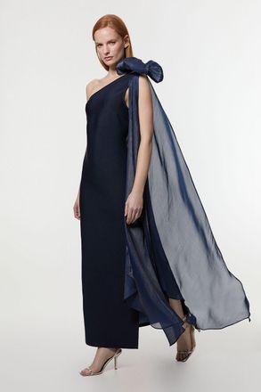 Karen Millen Womens Bandage Figure Form Knit Woven Cape Detail Maxi Dress - Navy - Size 16 UK