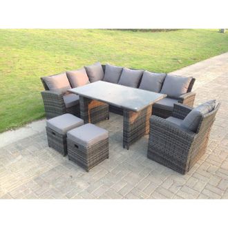 Fimous 9 Seater High Back Rattan Garden Furniture Set Corner Sofa With Black Tempered Dining Table 2 Stools With Arm Chair - Fimous