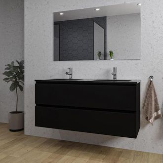 Saniclass Chaci Badkamermeubelset - 120x46x55cm - keramische wastafel zwart - 2 wasbakken - 2 kraangaten - 2 lades - rechthoekige spiegel - mat zwart