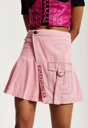 House Of Holland Light Pink Denim Studded Pleated Skirt
