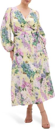 City Chic Anastasia Long Sleeve Maxi Wrap Dress in Lemon Hydrandra at Nordstrom, Size Xxl