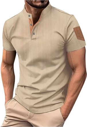 Generic Henley Shirts for Men Casual Mock Neck Summer Collarless Shirts Short Sleeve Cotton Linen Plain Grandad Shirt 3 Buttons Comfy Tops Beach Holiday Tshir