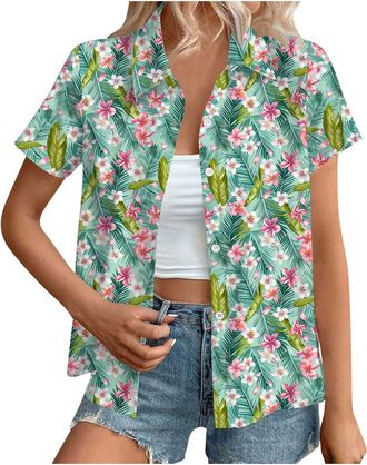 Generic Hawaiian Shirts for Women Summer Beach Shirt Trendy Tropical Floral Print Tshirts Casual Button Down Short Sleeve Blouses Plus Size Tees Fashion Outfi
