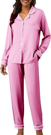 Generic Loungewear Sets for Women, V Neck Button Front Pyjamas, Soft Stretch Sleepwear with Elastic Waist Trousers, Womens Comfy Nightwear Pink