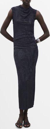 Mango Draped Embroidered Sleeveless Midi Dress in Navy at Nordstrom, Size 4