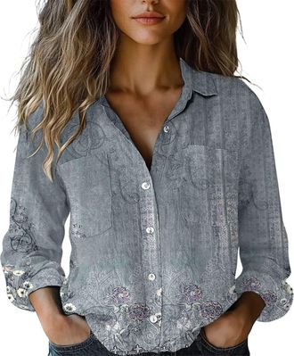 Generic Button-Down Shirts Women Floral Printed Blouses With Chest Pocket Turndown Collar-Dressy Casual Long Sleeve Shirts Elegant Ladies Tops Rolled Sleeve L