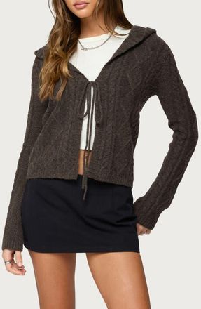 Edikted Jayla Cable Knit Hooded Cardigan in Brown at Nordstrom, Size X-Small