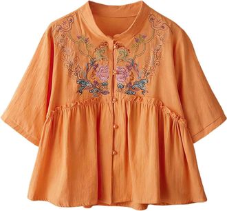 Generic Womens V-Neck Cotton and Linen Blouse - Embroidered Pullover Shirt for Spring Summer Casual Fashion Loose Fit Office Work Top Comfortable Business Ver