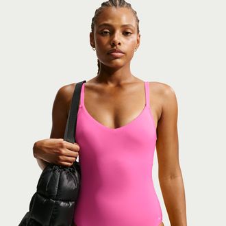 Nike Womens Swim Effortless Essential V-Neck One Piece in Pink | NESSF232-663