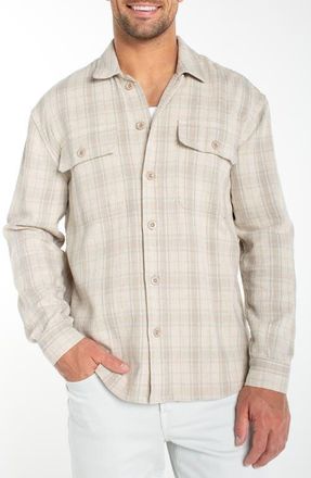 Liverpool L.A. Plaid Flap Pocket Cotton & Linen Overshirt in Oat/Light Blue at Nordstrom, Size X-Large