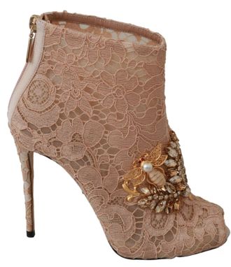 Dolce & Gabbana Womens Pink Crystal Lace Booties Stilettos Shoes Viscose - Size EU 36