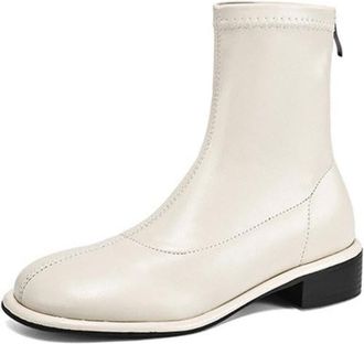Generic Womens PU Leather Sock Ankle Boots Round Toe Low Block Heels Side Zipper Comfortable Non-Slip Wear-Resistant for Daily Commute Casual,White,7 UK