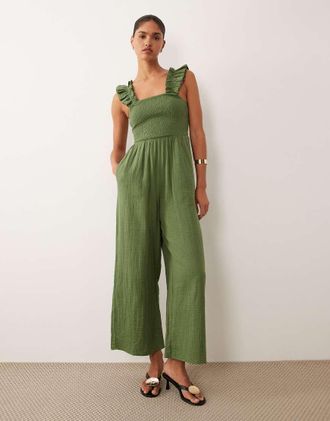 Nobody's Child Maya - Tuta jumpsuit verde con scollo squadrato e volant
