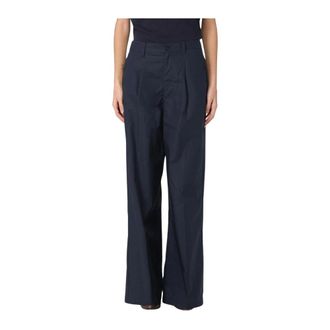 Woolrich Wide Trousers, female, Blue, W26, Wide Leg Pleated Cotton Trousers