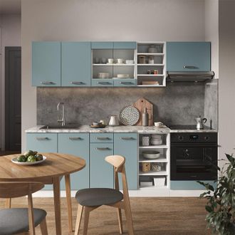 Vicco Mueble De Cocina R-line, Azul-gris-blanco, 240 Cm Sin Encimera