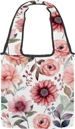 Generic Pink Flowers with Leaves Reversible Canvas Shoulder Tote - Double-Sided Print, 12oz Cotton, 27cm Drop, Fold-Flat Bag for Travel, Shopping, Street Outi