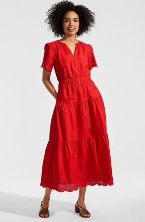 Lands End Tiered Cotton Poplin Embroidered Maxi Dress in Coral Red Eyelet at Nordstrom, Size X-Large P