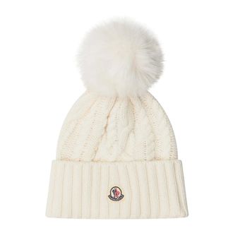 Moncler Berretto bianco in lana con grande pon pon di pelliccia - - Accessories - Donna - Bianco - ONE SIZE