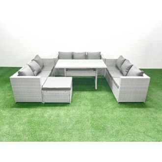 Fimous Fimous Rattan Garden Outdoor Furniture Set 10 Seater Garden Sofa Rectangulr Dining Table Set with Big Footstool Light Grey Mixed