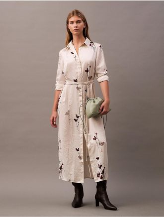 Calvin Klein Womens Crushed Satin Floral Shirt Dress - White - 0