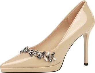 Generic High Heels for Women Diamante Stiletto Heel 10.5CM Sexy Ladies Pointed Toe Wedding Shoes for Bride Prom Party-Numeric_10_Point_5 Beige