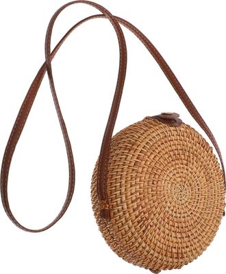Vosarea Woven Round Straw Handbag with Leather Buckle Fashionable Knitted Shoulder Messenger Bag for Women Beach and Casual Outdoor Use Beige Vintage Style To