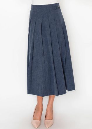 YAL New York Pleated Midi Skirt with Silver Buckle Tab
