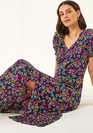 Roman Floral Print Ruched Stretch Midi Dress