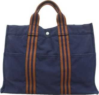 Herm&egrave;s Navy Canvas Tote Bag (Pre-Owned)