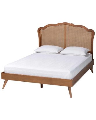 Baxton Studio Aithan Mid-Century Wood & Rattan Queen Size Platform Bed