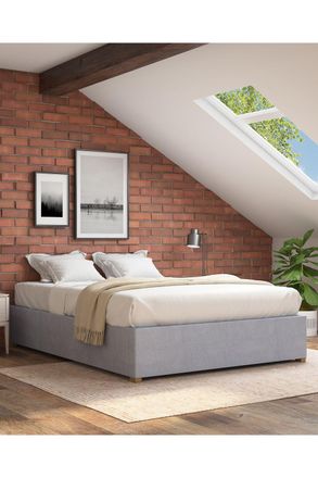 Aspire Home Accents Upholstered Platform Ottoman Bed Frame in Kimiyo Linen Fabric in Silver | Size: Super King