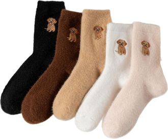 Generic Fleece-Lined Extra-Thick Warm Embroidered Puppy Socks, Cartoon Embroidered Puppy Sleep Floor Socks (5 colors)