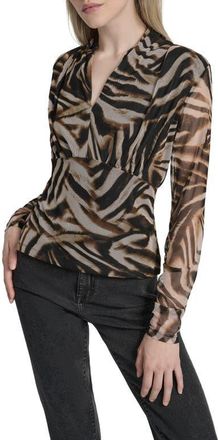 DKNY Zebra Print Long Sleeve Mesh Shirt in Blurred Zebra at Nordstrom, Size X-Small