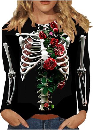 Generic Halloween Long Sleeve Top Women UK Sale Clearance Skull Skeleton Shirt Round Neck Adult Halloween Costumes Cute Funny Graphic Tshirts Slouchy Shirts H