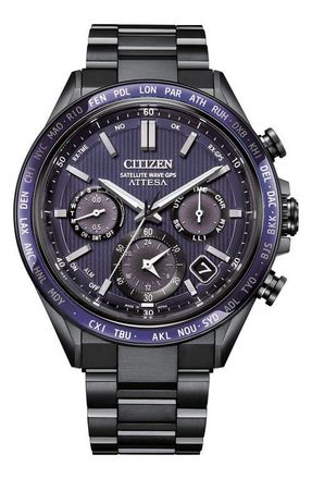 Citizen Attesa Satellite Wave GPS GMT Automatic Greytone Bracelet Watch, 44.6mm in Gray/blue at Nordstrom