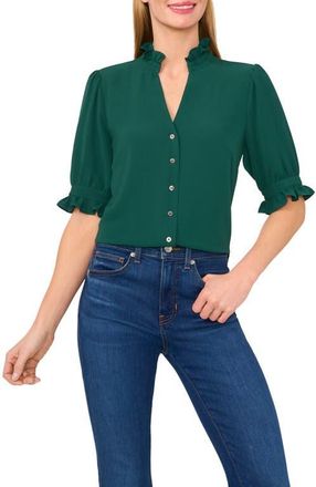 CeCe by Cynthia Steffe V-Neck Button-Up Shirt in Alpine Green at Nordstrom, Size Medium