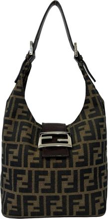 Fendi Black Brown Canvas Leather Shoulder Bag Tote Bag (Pre-Owned)