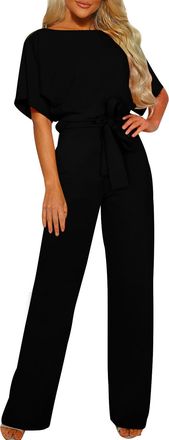 Generic Jumpsuits for Women UK Elegant Party Business Casual Romper Dressy Outfits Short Sleeve Belted Wide Leg Pants Formal Overalls, XXL