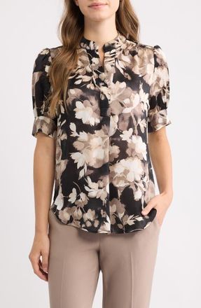 Anne Klein Puff Sleeve Top in Anne Black/latte Multi at Nordstrom, Size Xx-Small