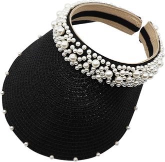 Generic Sun Visors for Women Womens Pearl Headband Hairpin Hat Sunscreen Sunshade Woven Hollow Sunhat Sweat Absorption Sports Visor Elastic with Brim UV Prote