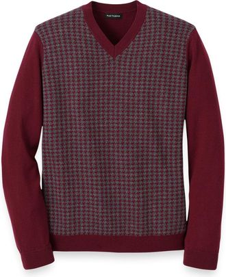 Paul Fredrick Washable Merino Wool Houndstooth V-neck Sweater