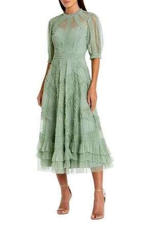 Mac Duggal Petite High Neck Puff Sleeve Ruffle Tiered Dress in Jade at Nordstrom, Size 10P
