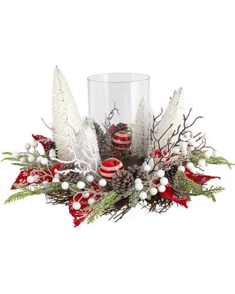 Nearly Natural 15in Holiday Lighted Forest Candle Holder Arrangement