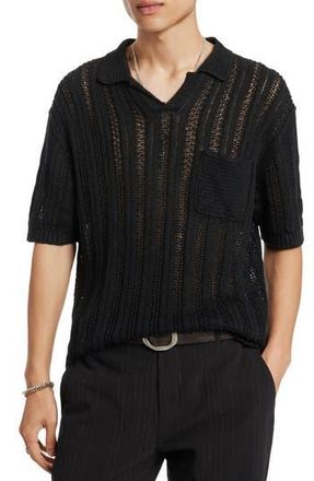 John Varvatos Odin Short Sleeve Textured Linen Johnny Collar Sweater in Black at Nordstrom Rack, Size Medium