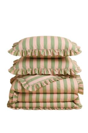 TBCo Cotton Ruffle Bedding Set in Green Stripe at Nordstrom, Size Queen