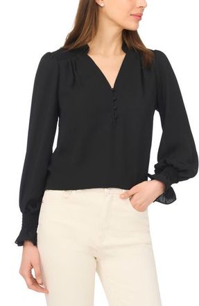 CeCe by Cynthia Steffe Half Placket Smocked Accent Top in Rich Black at Nordstrom, Size X-Large